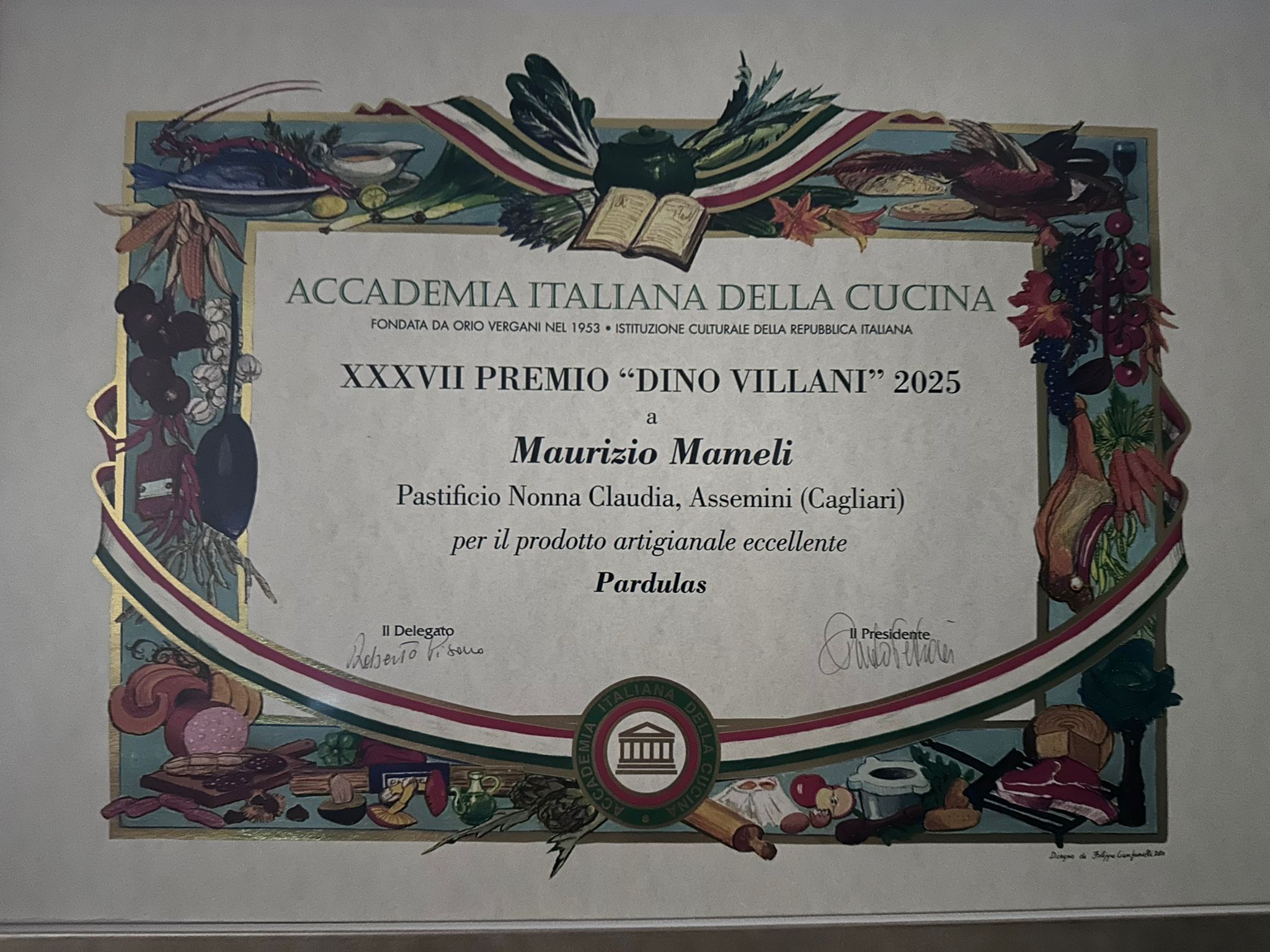 La pergamena del XXXVII Premio Dino Villani 2025 — Accademia Italiana della Cucina
