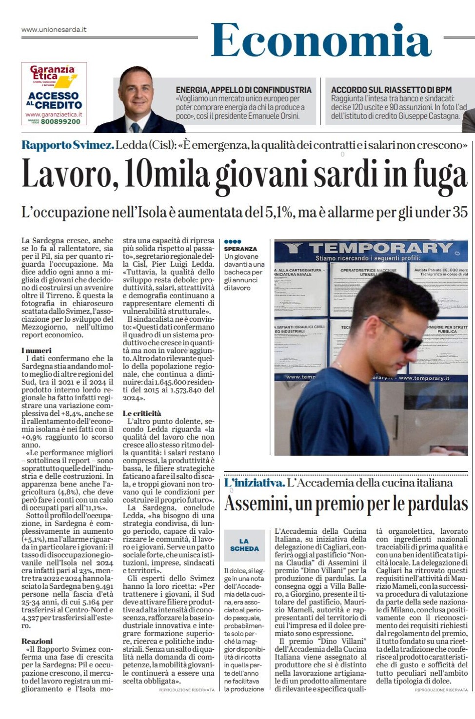 Pagina Economia de L'Unione Sarda del 30 novembre 2025