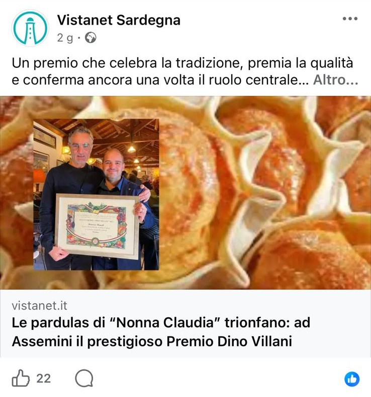 Post Facebook di Vistanet Sardegna sul Premio Dino Villani a Nonna Claudia